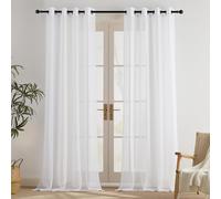 PONY DANCE Living Room Curtains Semi-Transparent White Curtain Linen Look Semi-Transparent Window Curtains with Eyelets Voile Curtains Linen Look 2 Panels, 55 x 102 Inch Drop