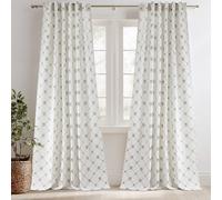 PONY DANCE Natural Linen Curtains, Cotton Iris Flower Diamond Printed Organic Privacy Drapes Back Tab Light Filtering Farmhouse Curtains for Bedroom Living Room, W132 x L220 cm, 2 Panels