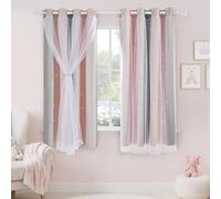PONY DANCE Ombre Blackout Curtains, Kids Princess Room Decor with Star Cut-Outs, Eyelet Thermal Double Layer Voile for Bedroom Nursery, 2 Panels, 132x183cm (52x72 inch), Pink Grey
