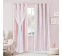 PONY DANCE Pink Blackout Curtains for Kids & Nursery Bedroom, Star Cut Out with Sheer Net, Thermal Insulated Double Layer Eyelet Drapes, 2 Panels, 132x213cm (52x84 inch)