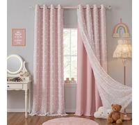 PONY DANCE Pink Curtains for Living Room, Thermal Insulated Room Darkening Curtains with Pom Pom Sheer, Double Layer Curtain for Girls' Bedroom, W140xL245cm, Blush Pink, 2 Panels