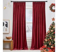 PONY DANCE Red Velvet Curtains Pencil Pleat Christmas Curtains - Thermal Blackout Window Treatments for Living Room/Bedroom 1 Pair of Luxury Drapes Elegant Home Decor Window, 52x84 Inch