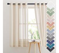 PONY DANCE Voile Curtains - Window Decoration Net Curtains Linen Effect Half Transparent with Eyelets Draperies Kitchen Decor, 140 x 160 cm, Beige, Pack of 2