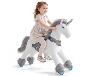 PonyCycle Model Y Kids Ride on Unicorn for 4-7 years old, Grey Rideable Unicorn with Sounds and Sequin Horn, Mechanical Plush Unicorn Riding Toy with Brake Birthday Gift for Children - Y456
