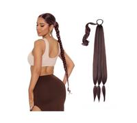 Ponytail 26/34 Inch Long Braided Ponytail Extension with Hair Tie Yaki Straight Wrap Around Natural Soft Synthetic Piece for Women Daily Wear Hairstyle(Reddish brown,26inches)