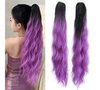 Ponytail, 26”Synthetic Claw Ponytail Extension Straight Hair Water Wave Clip Hair Extensions Soft Multi-Color Optio Ponytail Extension(Black+purple)