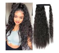 Ponytail, 55CM European and American high temperature silk hook and loop corn perm fluffy long curly hair ponytail water ripple wig(Light brown)