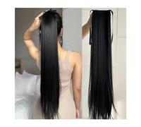 Ponytail 85CM Clip in Ponytail Extension Wrap Around Long Straight Pony Tail Hair Synthetic Hairpiece for Women Heat Resistant Hairstyle(Black)