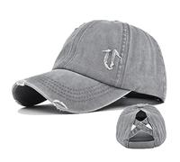 Ponytail Baseball Caps for Women Distressed Washed Trucker hat High Bun Hats with Criss Cross Ponytail Hole Sports Hat (Grey)