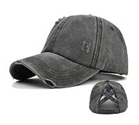 Ponytail Baseball Caps for Women Distressed Washed Trucker hat High Bun Hats with Criss Cross Ponytail Hole Sports Hat (Black)