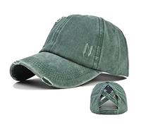 Ponytail Baseball Caps for Women Distressed Washed Trucker hat High Bun Hats with Criss Cross Ponytail Hole Sports Hat (Green)