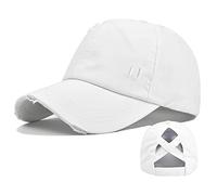 Ponytail Baseball Caps for Women Distressed Washed Trucker hat High Bun Hats with Criss Cross Ponytail Hole Sports Hat (White)