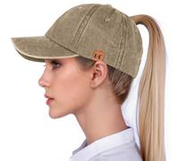 Ponytail Baseball Caps for Women - Washed High Pony Caps, Solid Color Cotton Adjustable Trucker Dad Cap Classic Vintage Denim Baseball Hats High Bun Pony Sun Caps for Women Ladies Outdoor (Khaki)