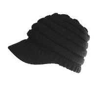 Ponytail Beanie Hat Women Peaked Beanie Outdoor Winter Warm Knitted Baseball Cap Messy Bun Hat (Black)