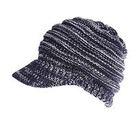 Ponytail Beanie Hat Women Peaked Beanie Outdoor Winter Warm Knitted Baseball Cap Messy Bun Hat (Navy Blue & White)