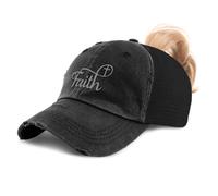 Ponytail Cap Women's Baseball Cap Embroidered Faith Christian Cross Faith Jesus Christ Cotton, Black Design Only, One Size