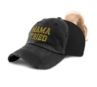 Ponytail Cap Women's Baseball Cap Embroidered Mama Tried Mother Mom Mothers Day Cotton, Black Design Only, One Size