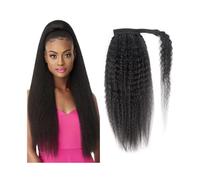 Ponytail Extension 10-26 Inch Kinky Straight Ponytail Extension Wrap Around Ponytail Clip in Hairpiece Yaki Straight Magic Paste Virgin Human Hair Ponytail for Women Ponytail Hairpiece(Natural Black,1
