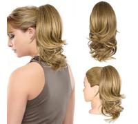Ponytail Extension 14" Short Claw Clip Wavy Synthetic Hairpiece Natural Soft Pony Tail for Women (Dark Blonde With Beige Blonde Highlights)