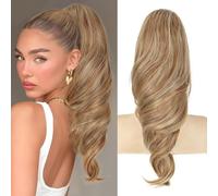 Ponytail Extension,Claw Clip Long Wavy Layered Ponytail Hair Extensions,18inch Natural Looking Fake Pony Tails Hairpiece for Women (Brown with Golden Highlights)