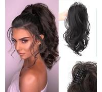 Ponytail Extension Claw Multilayer Hair Wavy Curly Clip in Synthetic Hair Soft Natural Looking Synthetic Hairpiece for Women (Brown-Black)