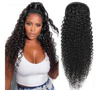 Ponytail Extension Horsetail extension 8-26'Drawstring Ponytail Extension, Kinky Curly Human Hair Pony Tail Natural Color Brazilian Hair Clip in Afro Curly Ponytail Hairpieces for Women(22INCHES)