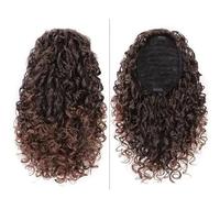 Ponytail Extension Human Hair, 14" Kinky Curly Ponytail for Women, Synthetic Afro Hairpiece(Dark brown+light brown)