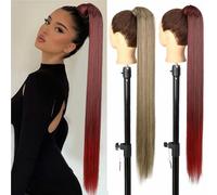 Ponytail Extension Human Hair, 85cm Synthetic Long Straight Wrap - Around Clip in Ponytail Extension for Women(Light brown-white)