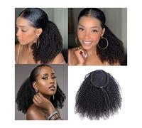 Ponytail Extension Human Hair Remy Hair Ponytail Clip In Hair 12 14 16 Inches Afro Kinky Curly Drawstring Ponytail Extensions Natural Black Curly Ponytail Hairpieces for Daily Use(16 inch)
