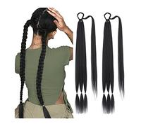 Ponytail Extension Long Braided Ponytail Extension with Hair Tie 26inch Yaki Hair Wrap Around Ponytail DIY 2Pcs Synthetic Soft Ponytail Hairpieces for Women Daily Use Hair Extensions Ponytail(Color:B)