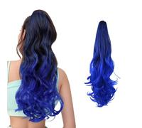 Ponytail Extension Long Wavy 22” Claw Clip Ponytail Hair Extensions Two Tones Ombre Color Claw Clips in Hairpieces Fluffy Clip on Pony Tails Jaw Clips for Women Synthetic Hairpiece Black To blue
