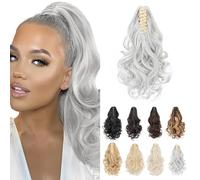 Ponytail Extension, MY-LADY Claw Clip in Ponytail Hair Extensions 14 Inch Short Curly Ponytail Natural Wavy Synthetic Hairpiece for Women,Silver Gray