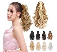 Ponytail Extension, MY-LADY Claw Clip in Ponytail Hair Extensions 14 Inch Short Curly Ponytail Natural Wavy Synthetic Hairpiece for Women,Coffee Brown with Blonde Highlights