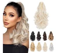 Ponytail Extension, MY-LADY Claw Clip in Ponytail Hair Extensions 14 Inch Short Curly Ponytail Natural Wavy Synthetic Hairpiece for Women,Light Blonde