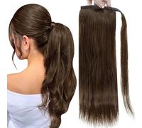 Ponytail Extension No Claw Clip Full Shine Ponytail Human Hair Straight Wrap Around Ponytail Clip Balayage Color Ponytail Extensions 70Grams Ponytail Hair Extension(Medium Brown,14 inches 70g)