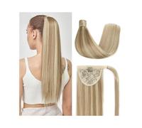 Ponytail Extension P8/613 Highlight Blonde Straight Human Hair Wrap Around Pony Tail Extension Clip in Piece with Magic Paste for Women Daily use(26inches)
