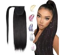 Ponytail Extension Remy Human Hair Ponytail Extensions Human Ponytail Hair Extensions Wrap Around Hair Magic Paste Invisible Soft Straight Ponytail Ponytail Hair Extension(Natural Black,20inches 90g)