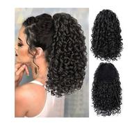 Ponytail Extension Short Fluffy Curly Drawstring Ponytail 14'' Kinky Curly Ponytail Hair for Women Natural Synthetic Afro Curly Fake Tail Hairpiece Ponytail Hair Extension(Black)