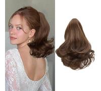 Ponytail Extension Short Wavy Claw Clip in Ponytail Hair Extension Synthetic Hairpieces Dark Brown Layered Natural Fluffy Curly Drawstring for Women 12"(Color:Color 5)