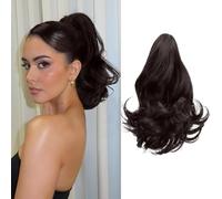 Ponytail Extension Short Wavy Claw Clip in Ponytail Hair Extension Synthetic Hairpieces Dark Brown Layered Natural Fluffy Curly Drawstring for Women 12"(Color:Color 4)