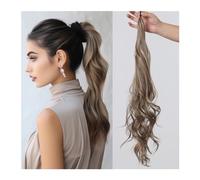 Ponytail Extension Synthetic Wig Mixed Color Brown Golden Wavy Wrap Around Fake Tail Hair Flexible Ponytail Hair Extensions Wig for Women Daily Use Ponytail Hair Extension(NMW1027-18)