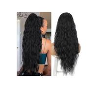 Ponytail Extension, Water Wave Drawstring Ponytail Human Hair Ponytail Extension Brazilian Virgin Hair Clip in Hair Piece Wave Curly Ponytail Hair Extension for,Black-16inches