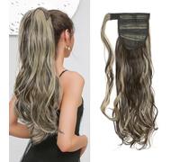 Ponytail Extension Wrap Around Long Straight Curly Clip in Ponytail Hair Extensions for Women Brown Black Blonde Hairpiece 17"-Curly, Dark Brown & Ash Blonde