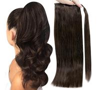 Ponytail Extensions No Claw Clip Full Shine Ponytail Human Hair Straight Wrap Around Ponytail Clip Balayage Color Ponytail Extensions 70Grams for Women(Darkest Brown,12 inches 70g)