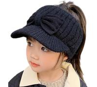 Ponytail Hats for Kids - Empty Top Knitted Visor Warm Wool Winter Hat Sports Cap for Little Girls, black, 2-7 Years