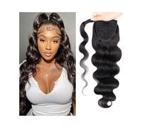Ponytail Human Hair Ponytail Extension Body Wave Magic Paste Brazilian Virgin Wavy Wrap Around Clip in Ponytails Hairpieces Hairstyle(Jet Black,10inches)