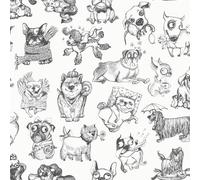 Pooches Fun Dog Themed Monochrome Wallpaper for Children's Room, Nurseries, Playrooms, Hallways Feature Walls in Black and White Muriva 102577