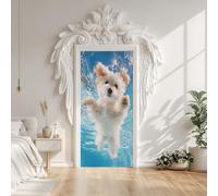 Poodle Dog 3D Door Stickers, Cute Animal Puppy Door Mural Decals Waterproof PVC Self-Adhesive Sticker Peel and Stick for Bedroom Living Room 77x200 cm