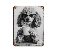 Poodle Dog Drinking Coffee & Wearing Glasses Retro Poster Metal Tin Sign Chic Art Retro Iron Painting Bar People Cave Cafe Family Garage Poster Wall Decoration 12x16inch(30x40cm)