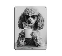 Poodle Dog Drinking Coffee & Wearing Glasses Retro Poster Metal Tin Sign Chic Art Retro Iron Painting Bar People Cave Cafe Family Garage Poster Wall Decoration 12x16inch(30x40cm)